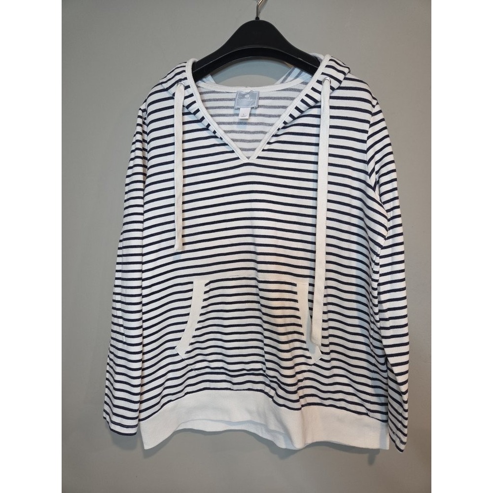 Sunday Striped Hoodie Pullover Sweatshirt Womens Large Navy Blue White Coastal